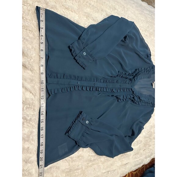 Worthington Brand Teal Blue Sheer Ruffled Blouse 100% Polyester Women's Size L - Picture 13 of 16